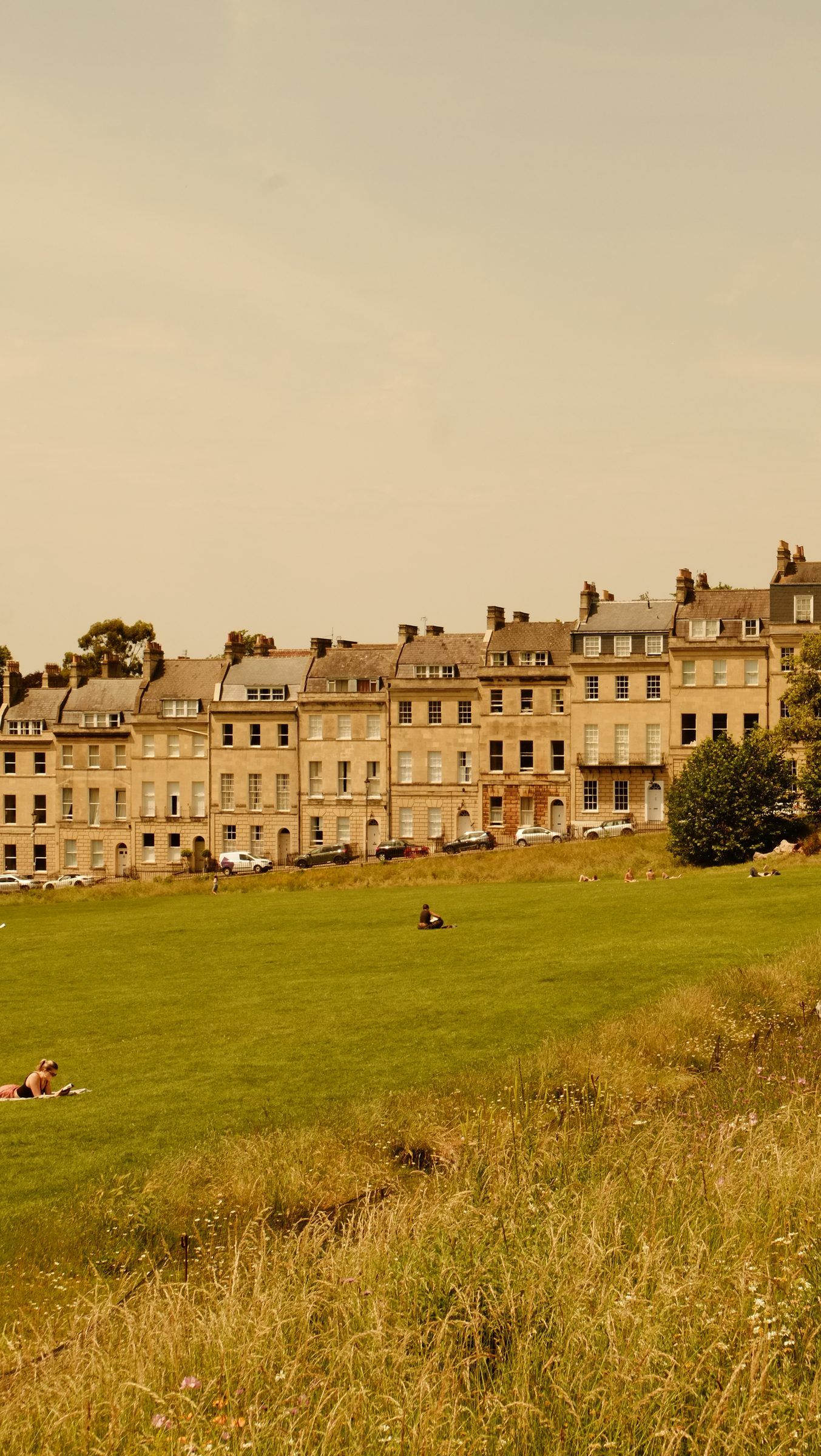 Sunbathers on a wide green lawn below a row of Georgian townhouses, long wild grass in the foreground