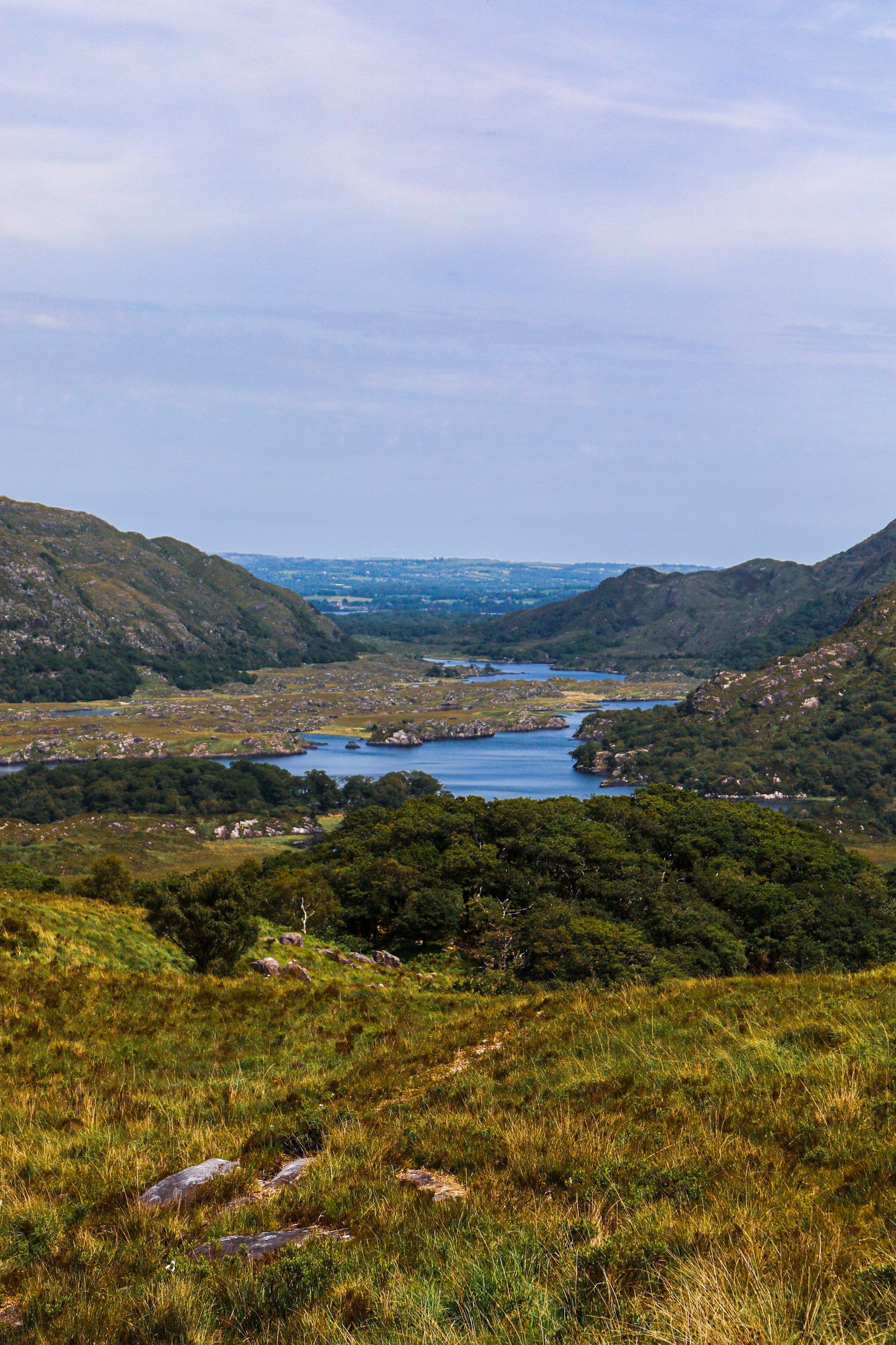 A chain of blue lakes winding through a wooded valley between mountains, golden moorland in the foreground